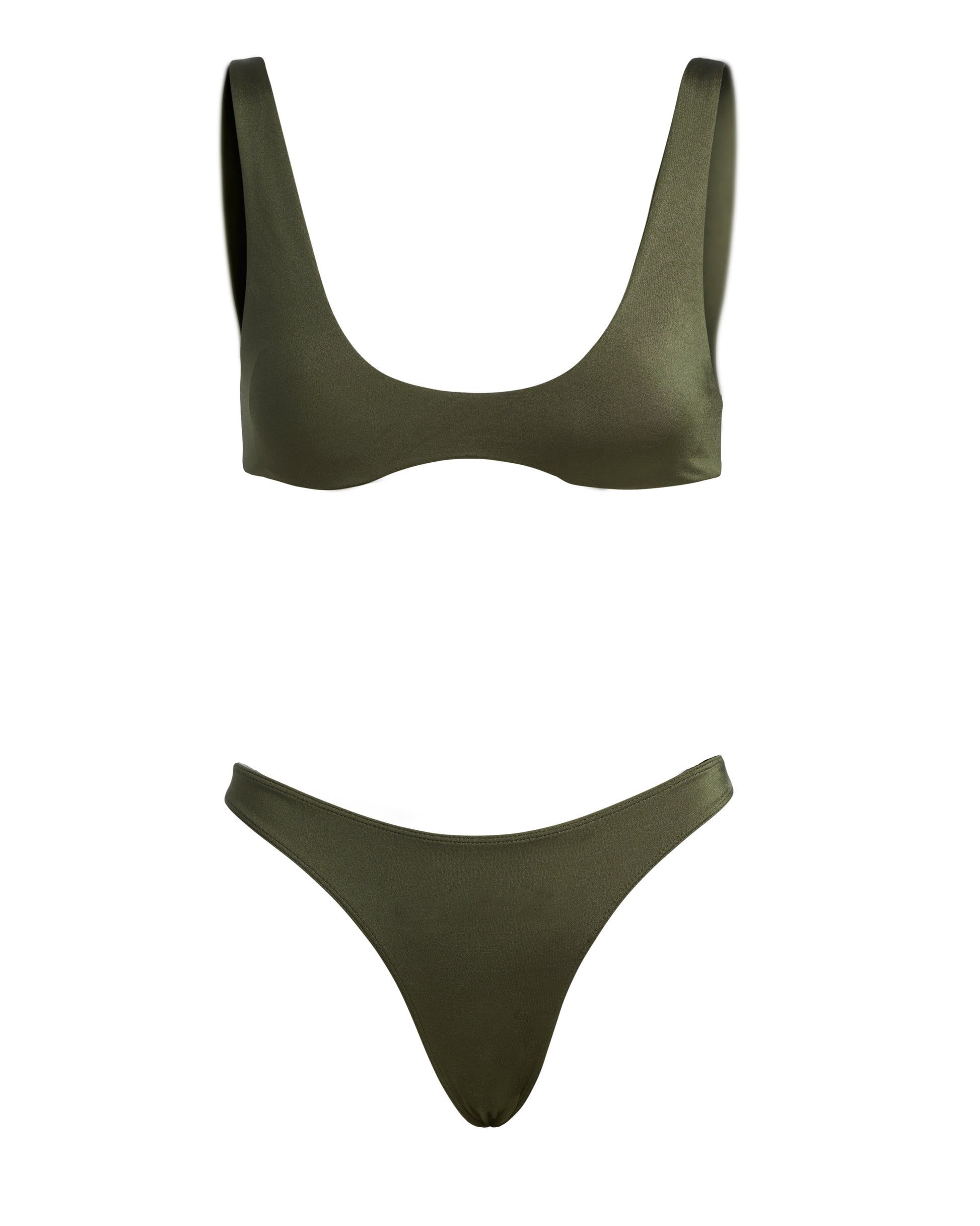 showing the front of an army green bikini 